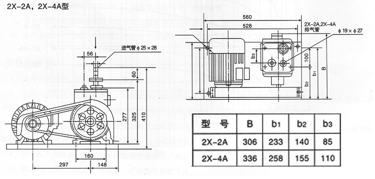 2X-2A,2X-4A型雙級旋片式真空泵外形安裝尺寸圖