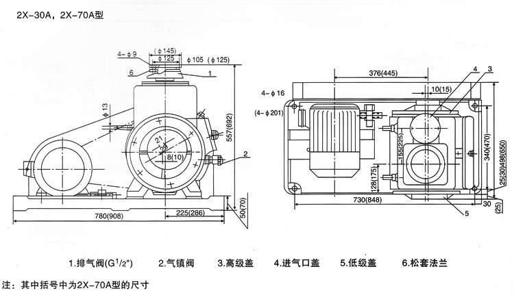 2X-30A,2X-70A型雙級旋片式真空泵外形安裝尺寸圖